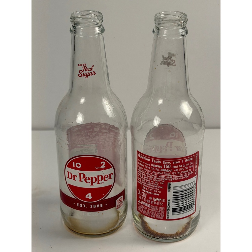 Vintage Dr Pepper Glass Bottles 10-2-4 Real Sugar Soda Collectible 12oz Set of 2